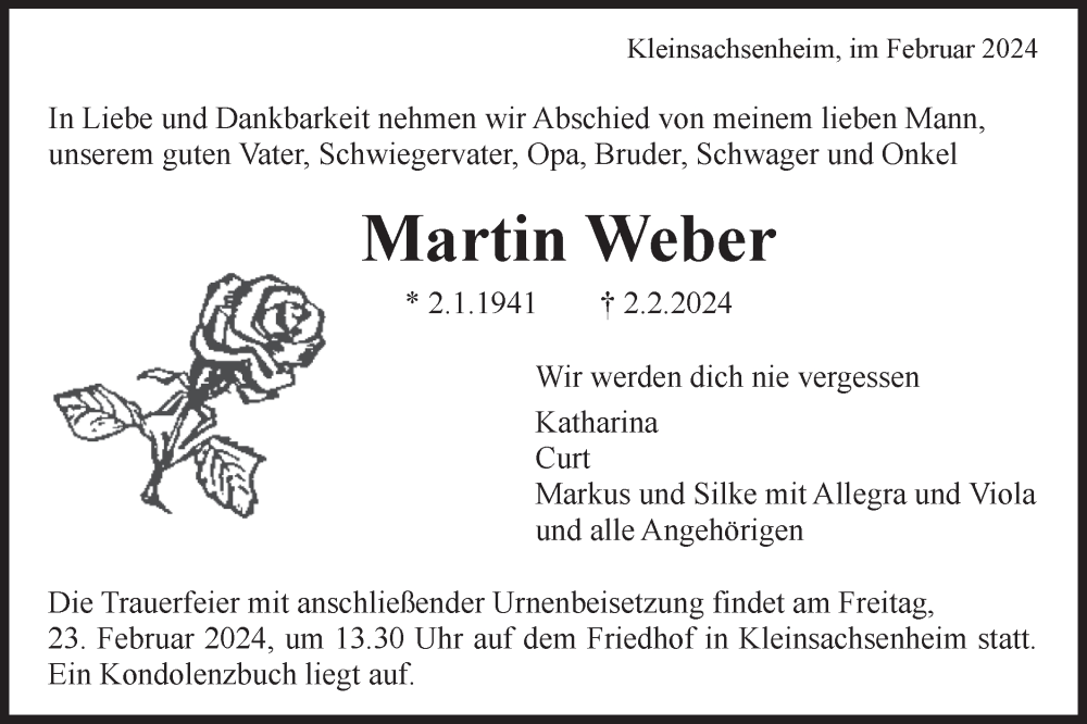  Traueranzeige für Martin Weber vom 17.02.2024 aus Bietigheimer Zeitung