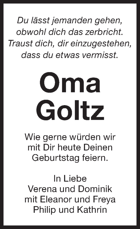 Traueranzeige von Oma Goltz von Bietigheimer Zeitung