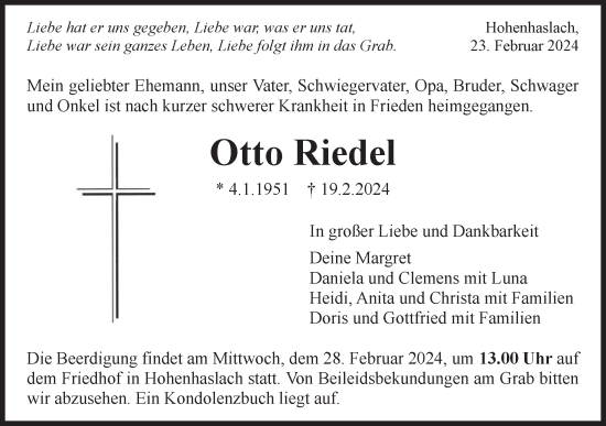 Traueranzeige von Otto Riedel von Bietigheimer Zeitung