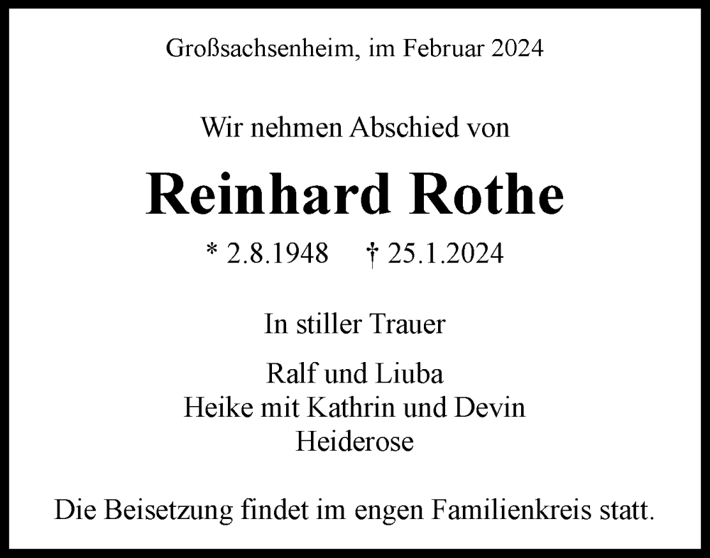  Traueranzeige für Reinhard Rothe vom 03.02.2024 aus Bietigheimer Zeitung