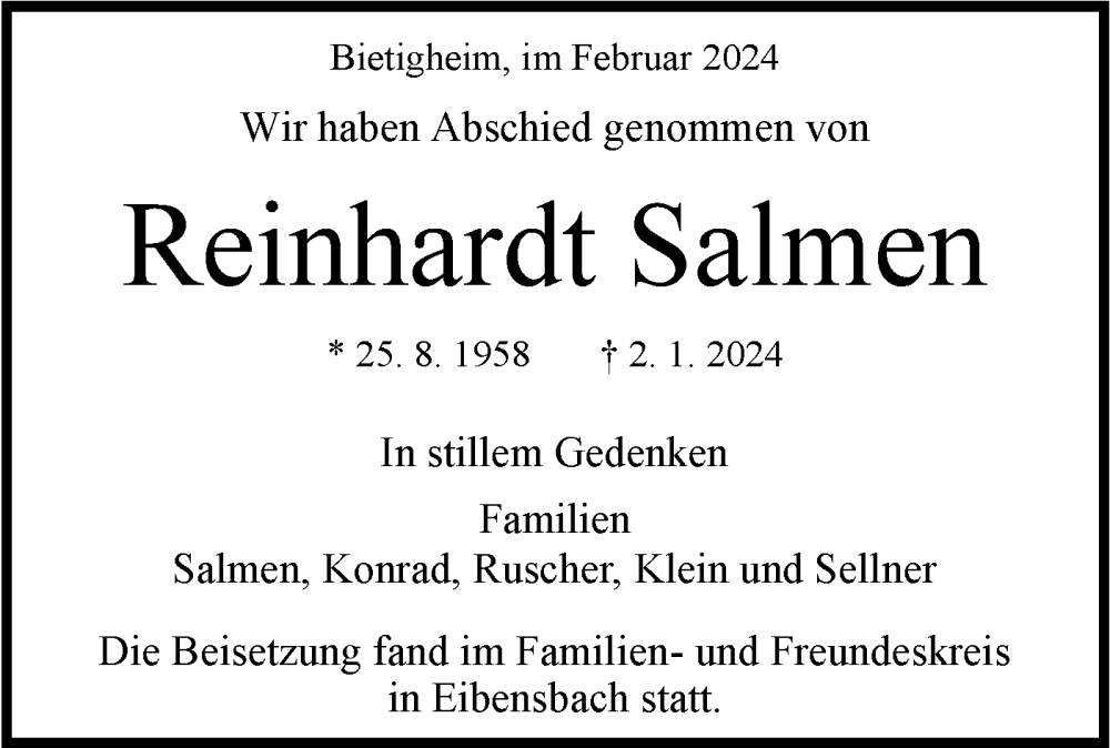  Traueranzeige für Reinhardt Salmen vom 02.02.2024 aus Bietigheimer Zeitung