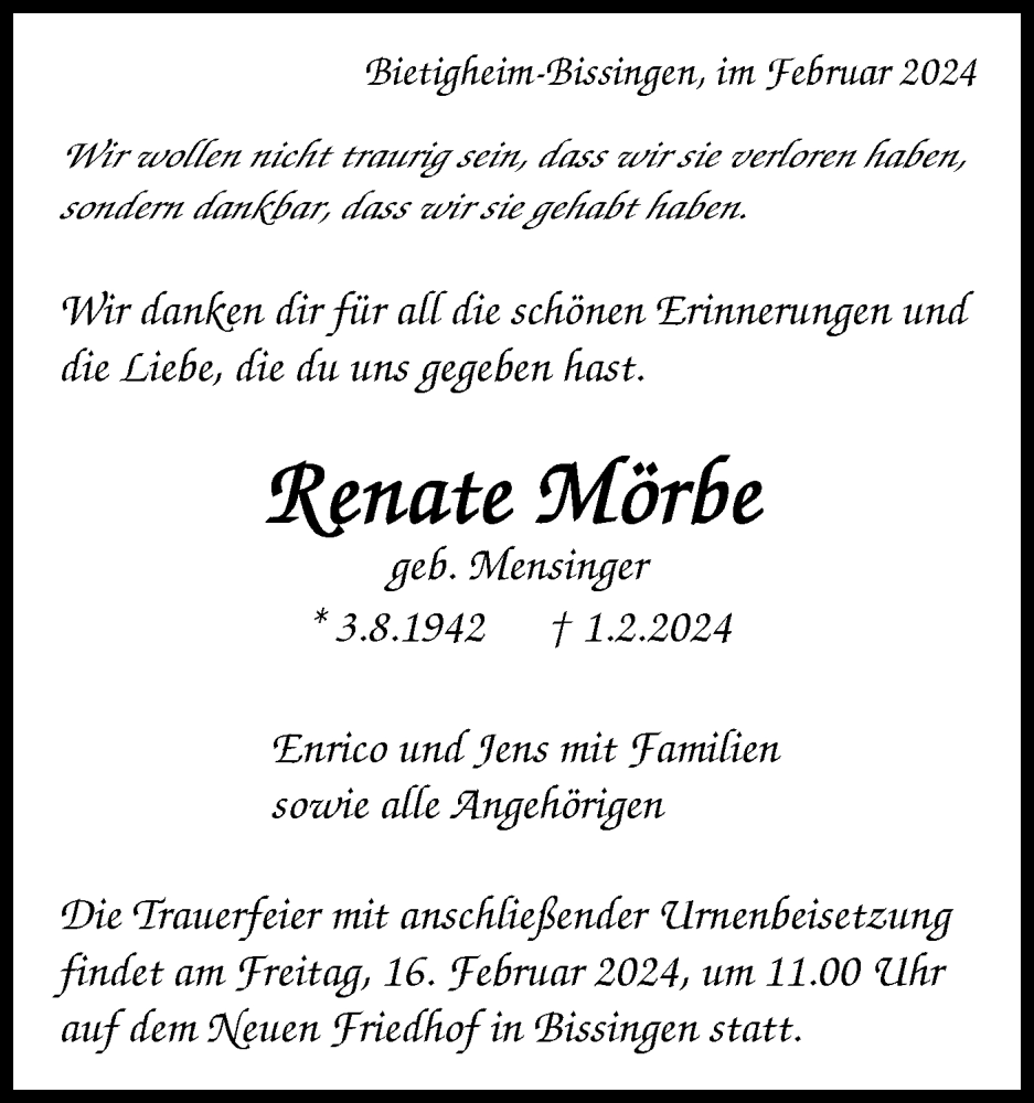  Traueranzeige für Renate Mörbe vom 13.02.2024 aus Bietigheimer Zeitung