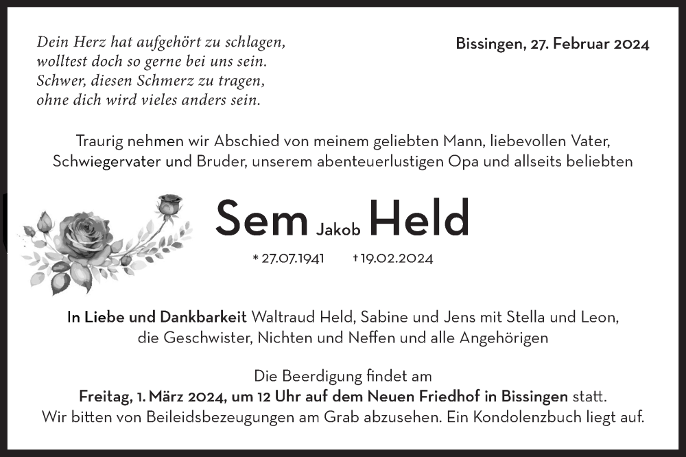  Traueranzeige für Sem Jakob Held vom 27.02.2024 aus Bietigheimer Zeitung