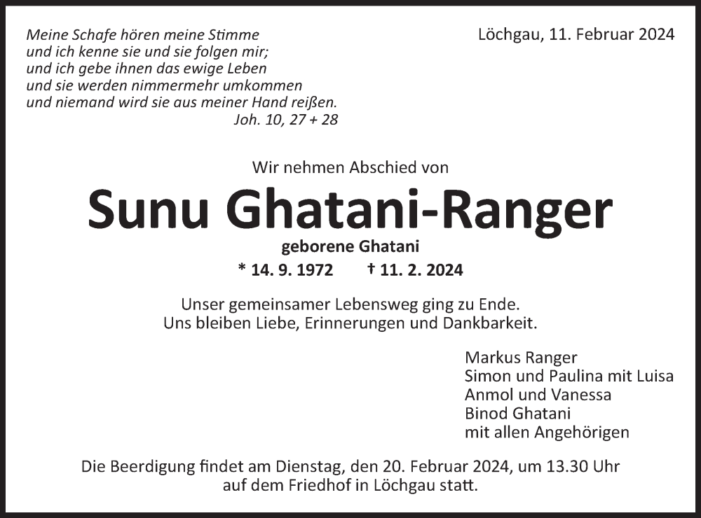  Traueranzeige für Sunu Ghatani-Ranger vom 16.02.2024 aus Bietigheimer Zeitung