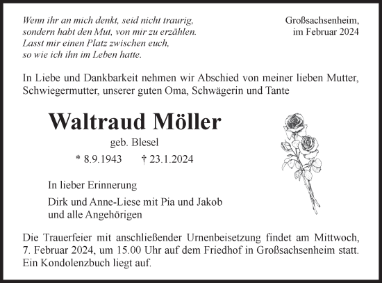 Traueranzeige von Waltraud Möller von Bietigheimer Zeitung