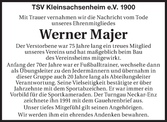 Traueranzeige von Werner Majer von Bietigheimer Zeitung