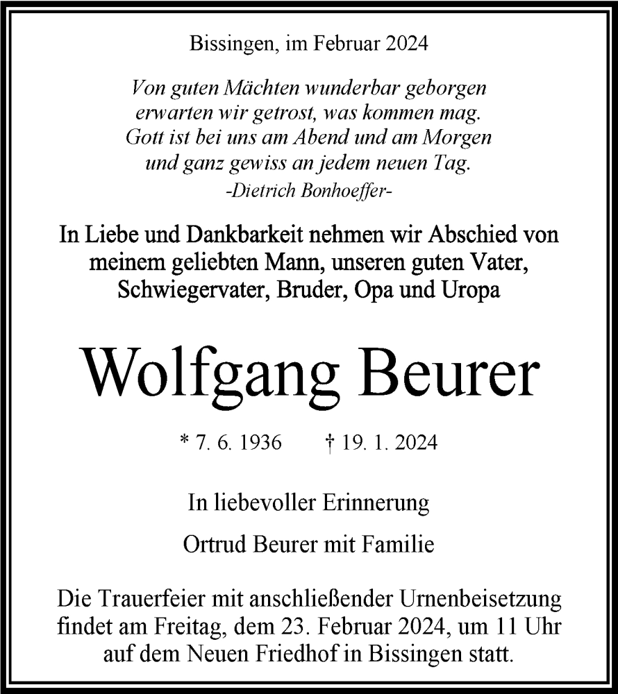  Traueranzeige für Wolfgang Beurer vom 16.02.2024 aus Bietigheimer Zeitung