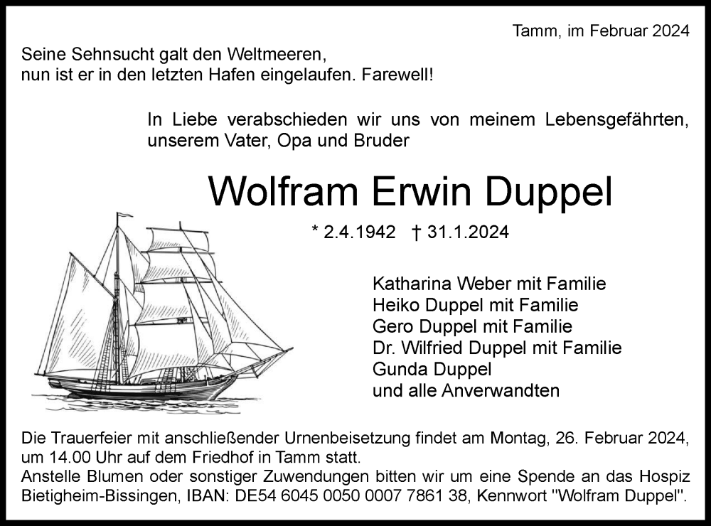  Traueranzeige für Wolfram  Duppel vom 20.02.2024 aus Bietigheimer Zeitung