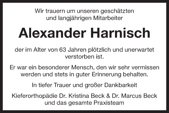Traueranzeige von Alexander Harnisch von Bietigheimer Zeitung