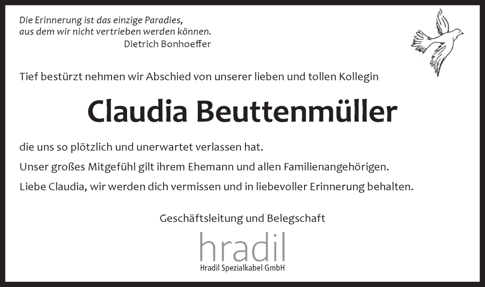  Traueranzeige für Claudia Beuttenmüller vom 22.03.2024 aus Bietigheimer Zeitung