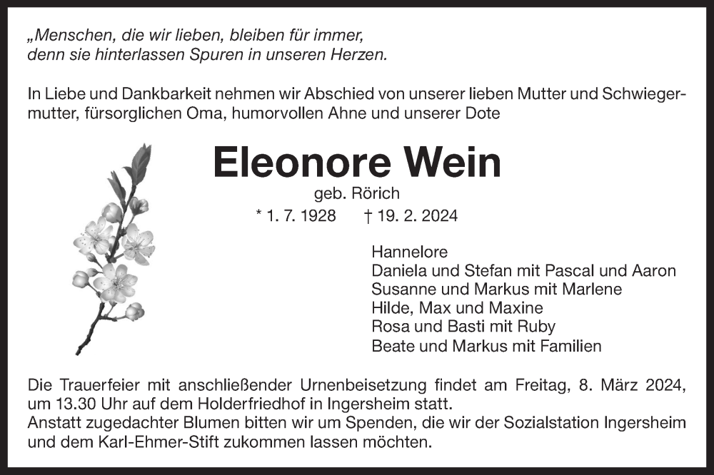  Traueranzeige für Eleonore Wein vom 02.03.2024 aus Bietigheimer Zeitung