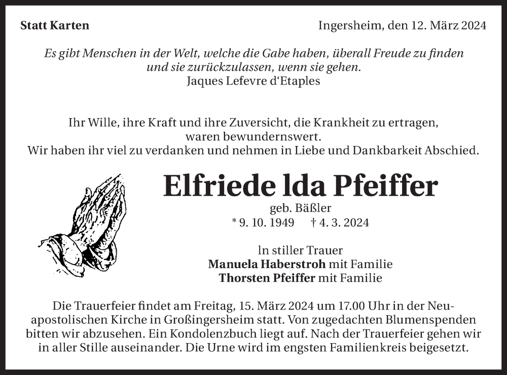 Traueranzeige für Elfriede Ida Pfeiffer  vom 12.03.2024 aus Bietigheimer Zeitung