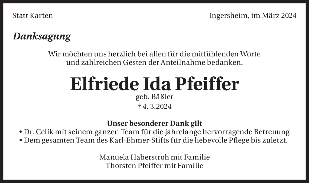  Traueranzeige für Elfriede Ida Pfeiffer  vom 27.03.2024 aus Bietigheimer Zeitung