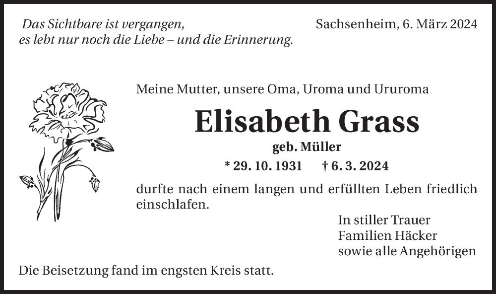 Traueranzeige für Elisabeth Grass vom 16.03.2024 aus Bietigheimer Zeitung
