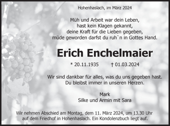 Traueranzeige von Erich Enchelmaier von Bietigheimer Zeitung