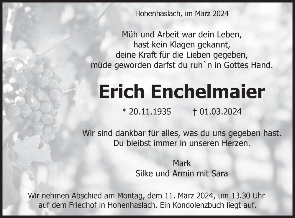  Traueranzeige für Erich Enchelmaier vom 07.03.2024 aus Bietigheimer Zeitung