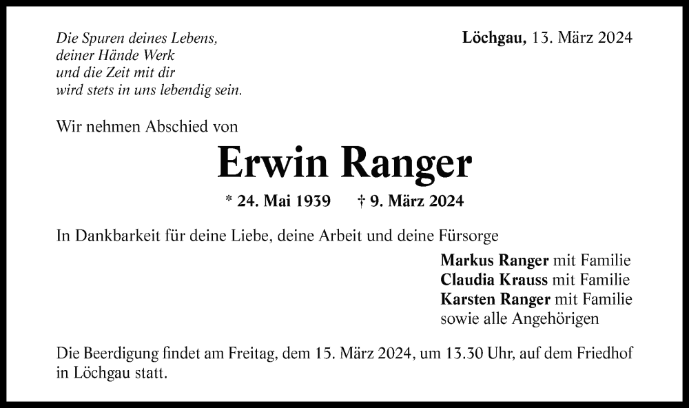  Traueranzeige für Erwin Ranger vom 13.03.2024 aus Bietigheimer Zeitung