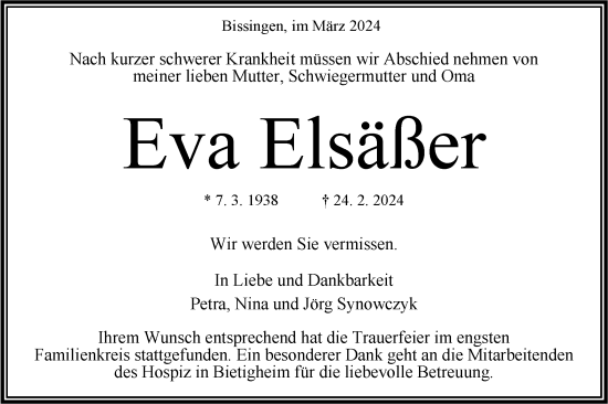 Traueranzeige von Eva Elsäßer von Bietigheimer Zeitung