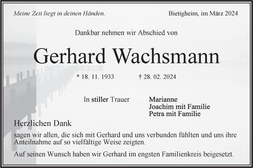  Traueranzeige für Gerhard Wachsmann vom 21.03.2024 aus Bietigheimer Zeitung