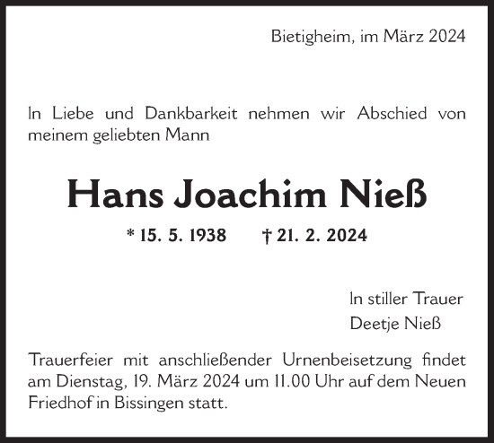 Traueranzeige von Hans Joachim Nieß von Bietigheimer Zeitung