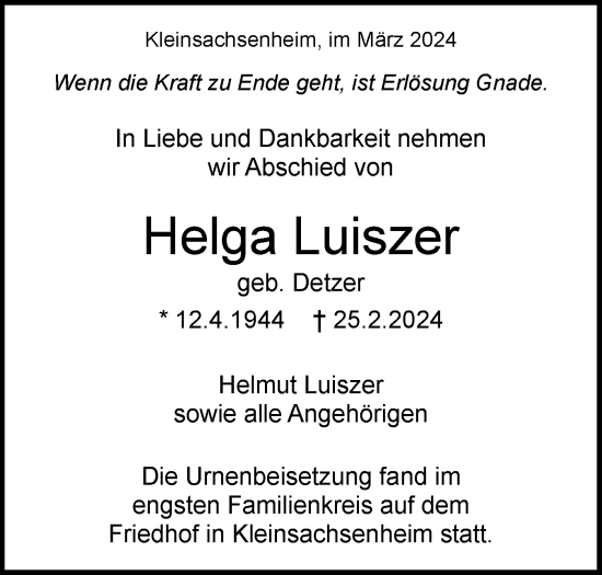 Traueranzeige von Helga Luiszer von Bietigheimer Zeitung