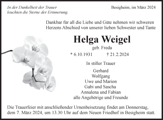 Traueranzeige von Helga Weigel von Bietigheimer Zeitung