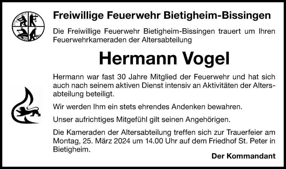  Traueranzeige für Hermann Vogel vom 20.03.2024 aus Bietigheimer Zeitung