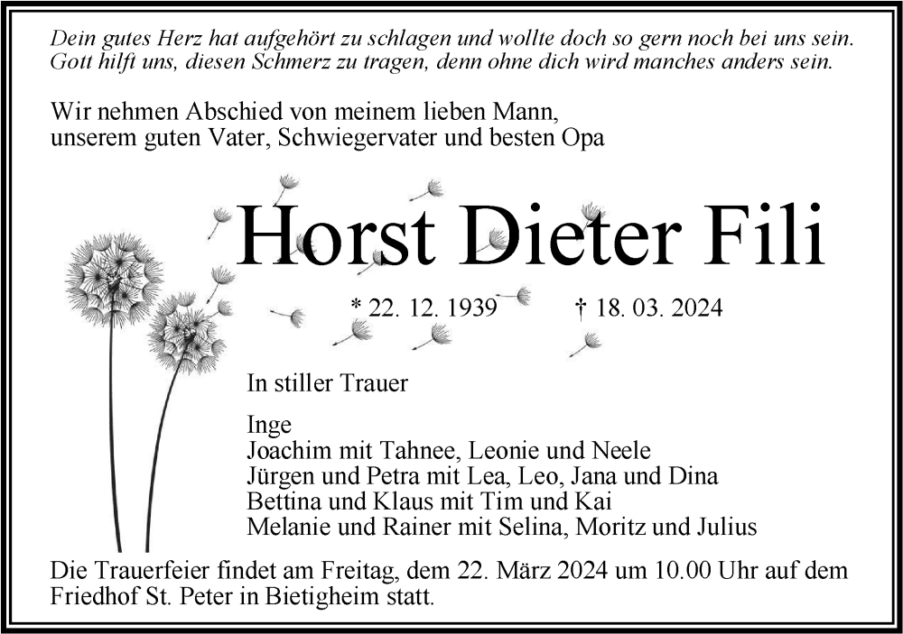  Traueranzeige für Horst Fili vom 21.03.2024 aus Bietigheimer Zeitung