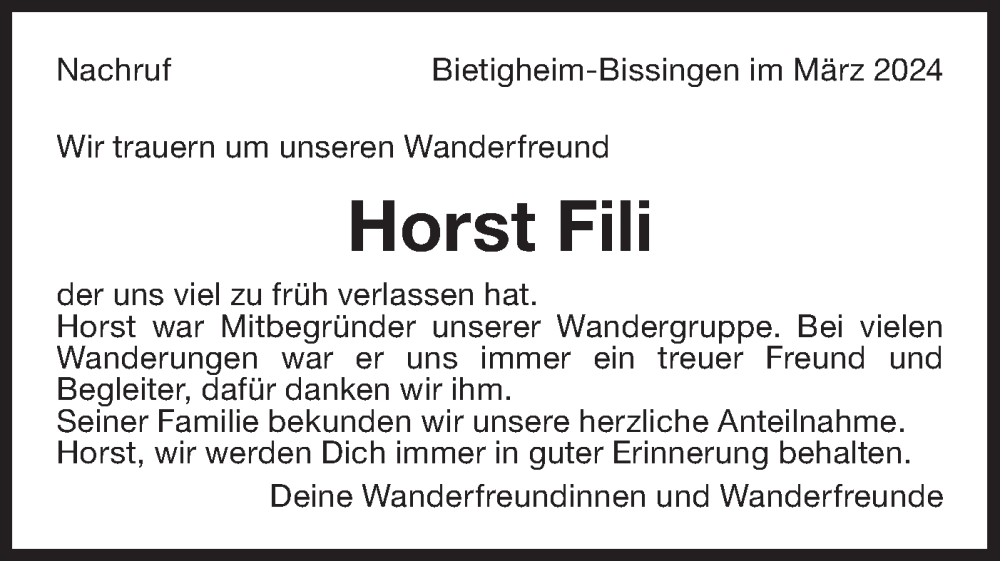  Traueranzeige für Horst Fili vom 27.03.2024 aus Bietigheimer Zeitung
