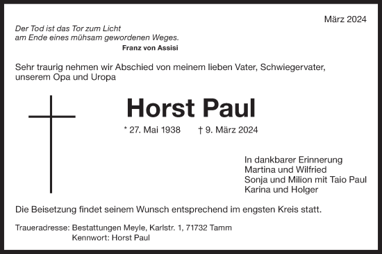 Traueranzeige von Horst Paul von Bietigheimer Zeitung