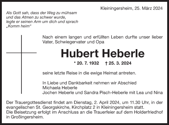 Traueranzeige von Hubert Heberle von Bietigheimer Zeitung