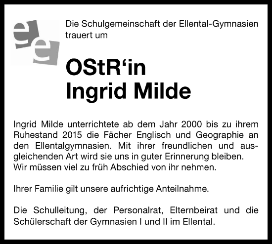 Traueranzeige von Ingrid Milde von Bietigheimer Zeitung