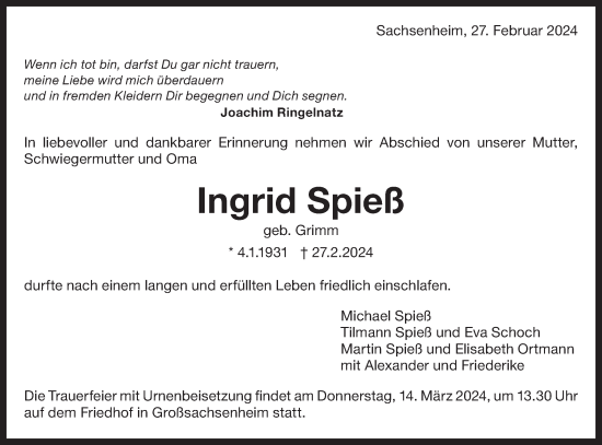 Traueranzeige von Ingrid Spieß von Bietigheimer Zeitung