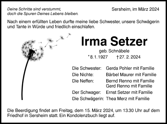 Traueranzeige von Irma Setzer von Bietigheimer Zeitung