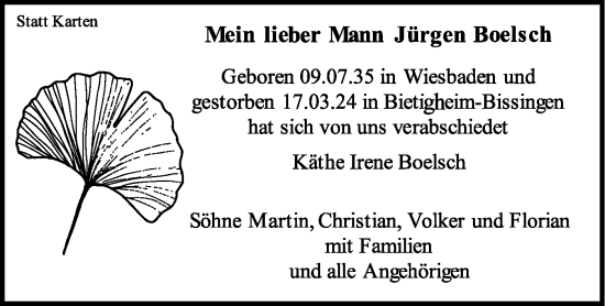 Traueranzeige von Jürgen Boelsch von Bietigheimer Zeitung
