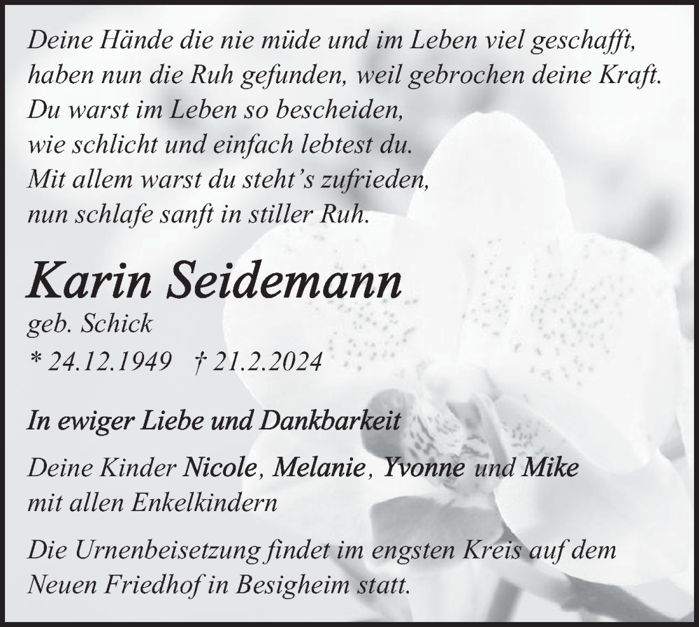  Traueranzeige für Karin Seidemann vom 05.03.2024 aus Bietigheimer Zeitung