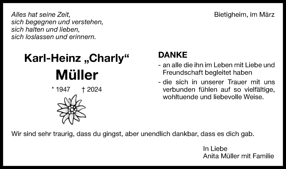 Traueranzeige für Karl-Heinz Müller vom 27.03.2024 aus Bietigheimer Zeitung
