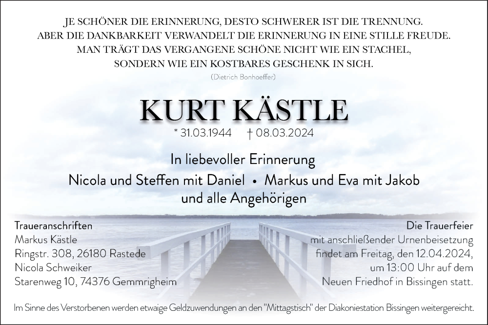 Traueranzeige für Kurt Kästle vom 16.03.2024 aus Bietigheimer Zeitung