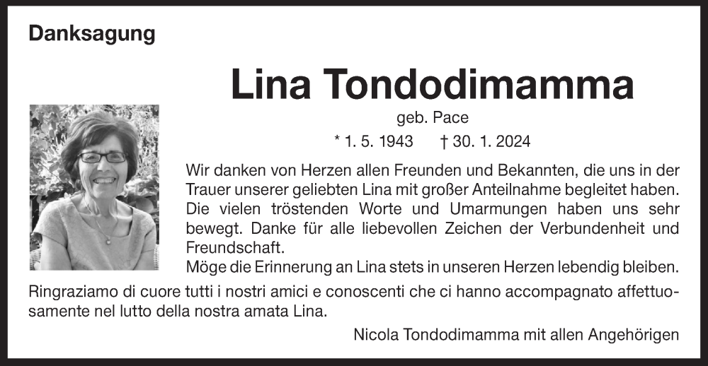  Traueranzeige für Lina Tondodimamma vom 02.03.2024 aus Bietigheimer Zeitung