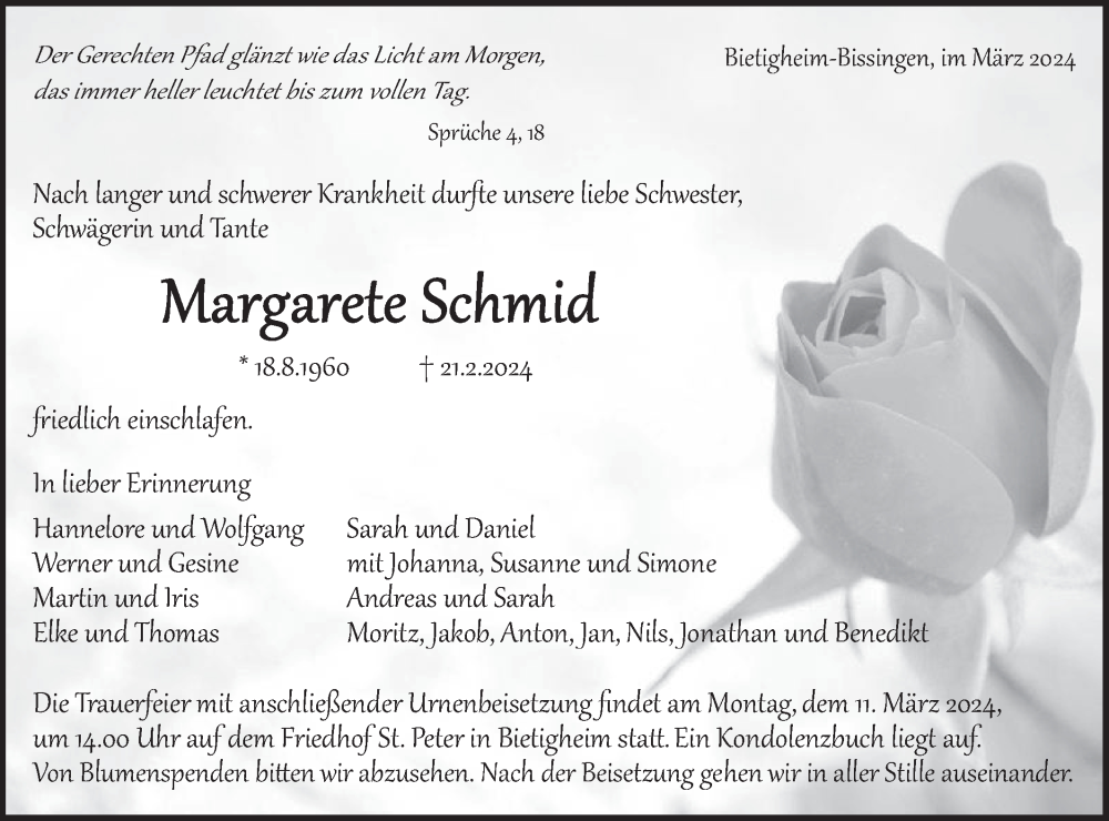  Traueranzeige für Margarete Schmid vom 05.03.2024 aus Bietigheimer Zeitung