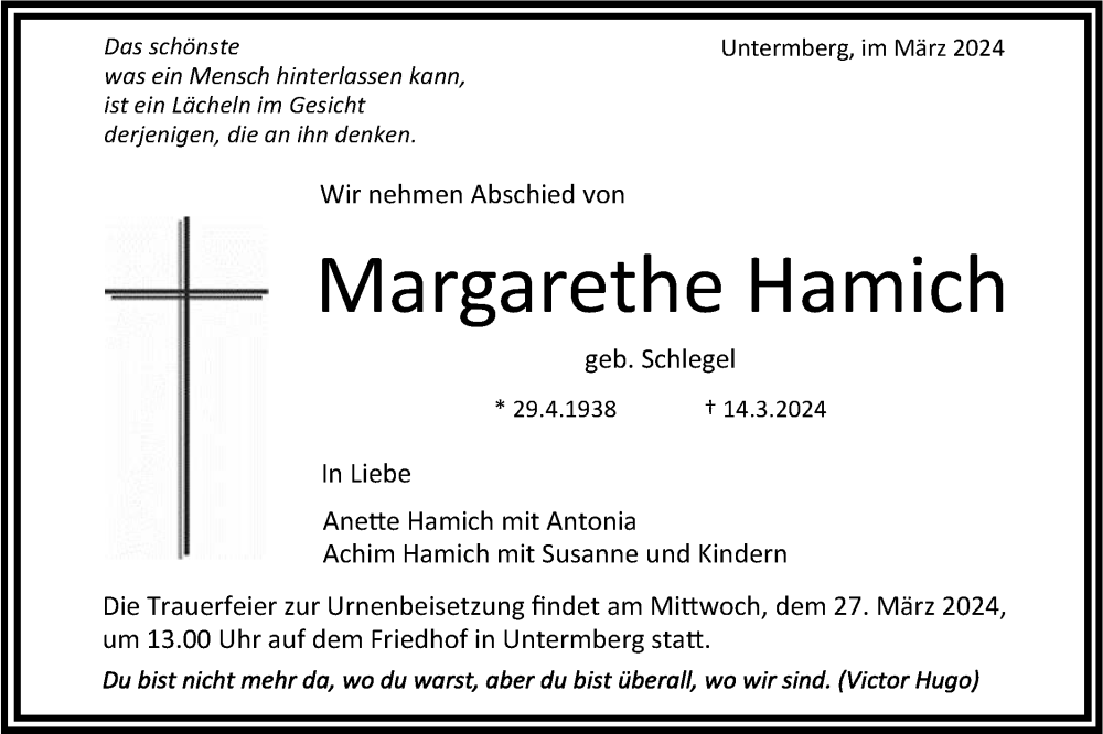  Traueranzeige für Margarethe Hamich vom 23.03.2024 aus Bietigheimer Zeitung