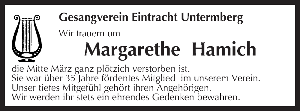  Traueranzeige für Margarethe Hamich vom 26.03.2024 aus Bietigheimer Zeitung