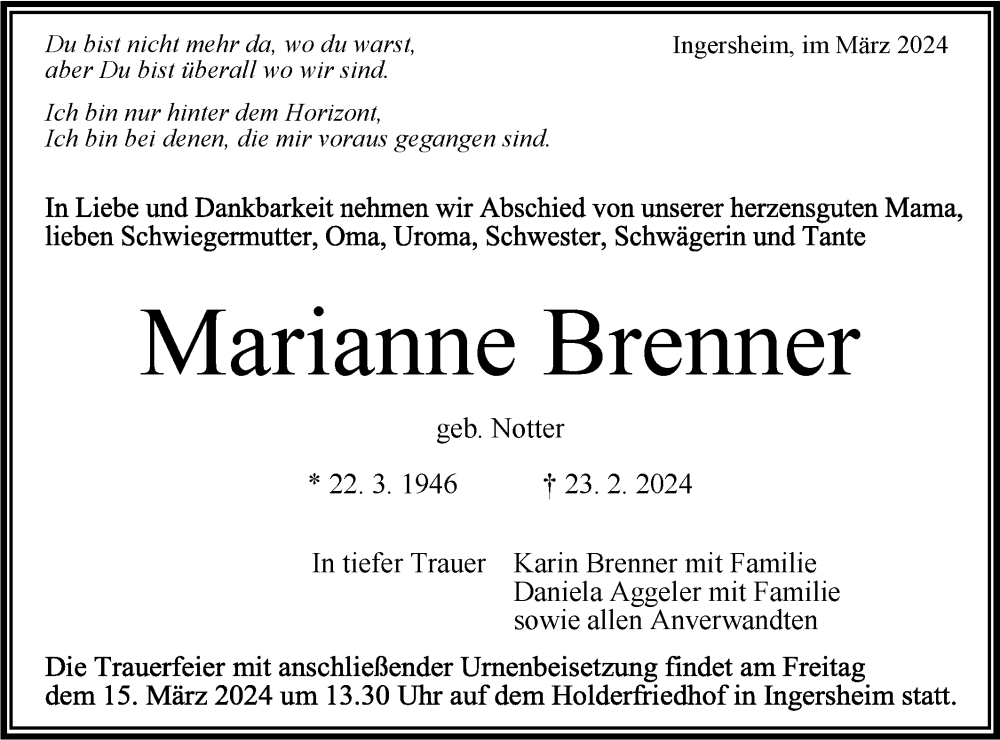  Traueranzeige für Marianne Brenner vom 13.03.2024 aus Bietigheimer Zeitung