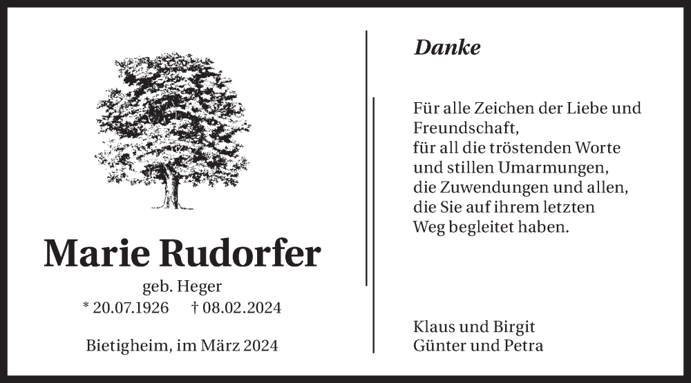  Traueranzeige für Marie Rudorfer vom 20.03.2024 aus Bietigheimer Zeitung