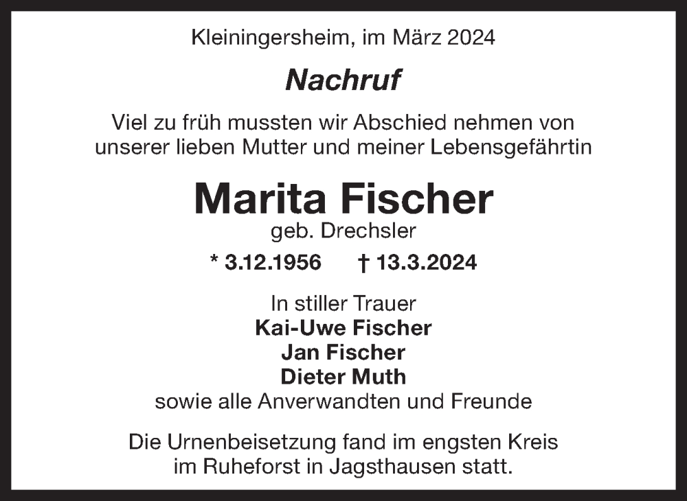  Traueranzeige für Marita Fischer vom 27.03.2024 aus Bietigheimer Zeitung