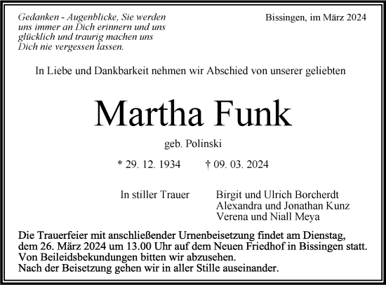 Traueranzeige von Martha Funk von Bietigheimer Zeitung