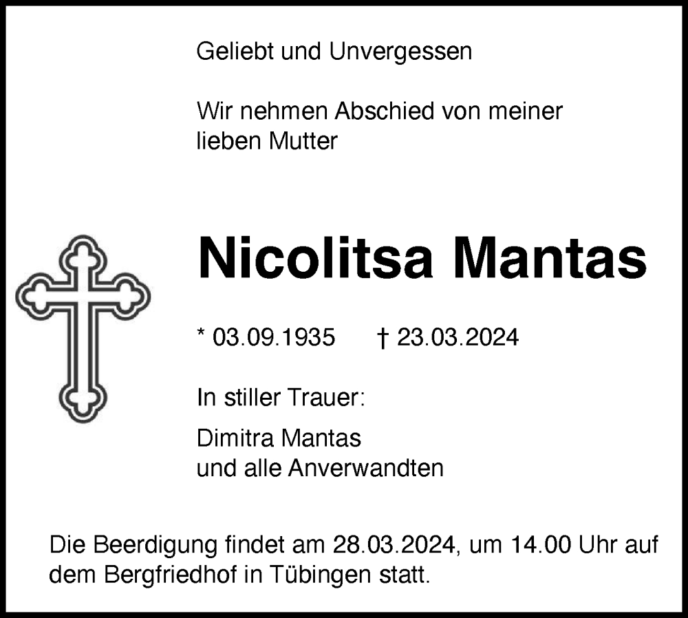  Traueranzeige für Nicolitsa Mantas vom 27.03.2024 aus Bietigheimer Zeitung