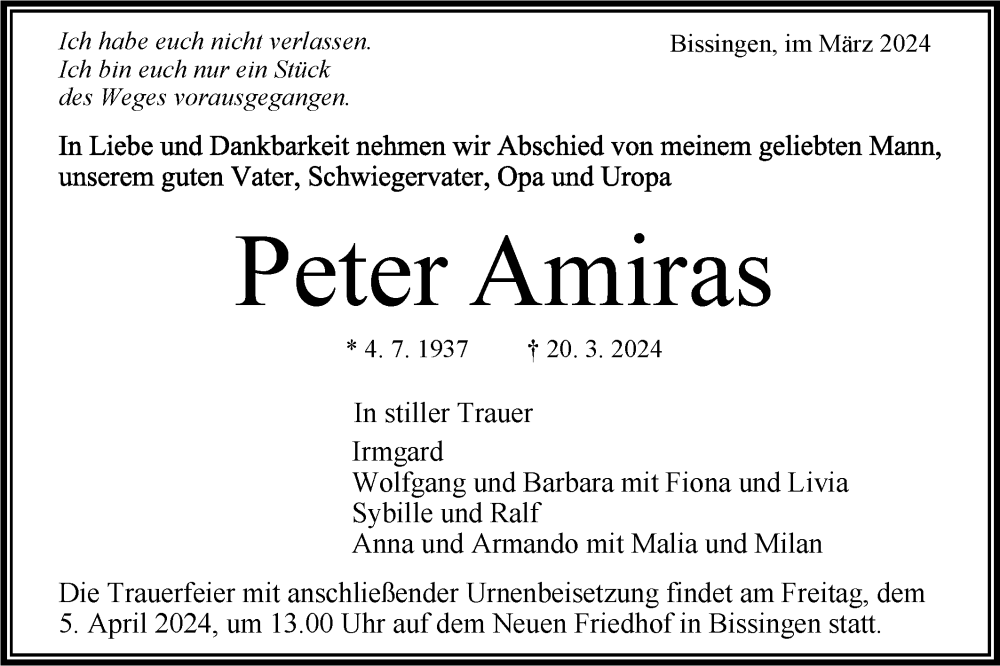  Traueranzeige für Peter Amiras vom 30.03.2024 aus Bietigheimer Zeitung