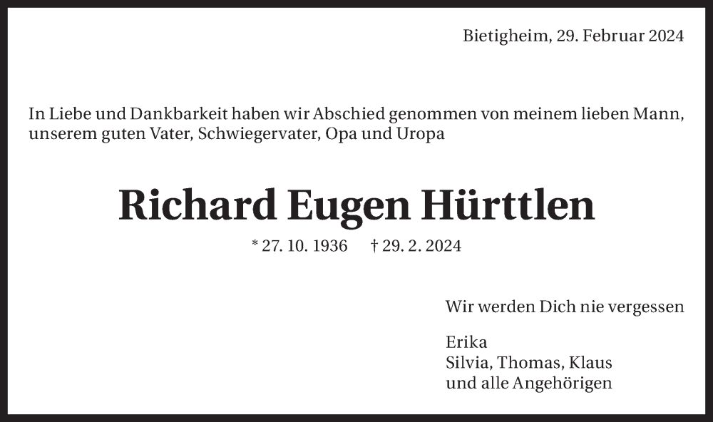 Traueranzeige für Richard Eugen Hürttlen vom 04.03.2024 aus Bietigheimer Zeitung