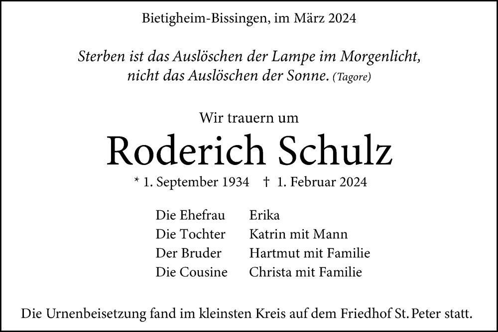  Traueranzeige für Roderich Schulz vom 09.03.2024 aus Bietigheimer Zeitung